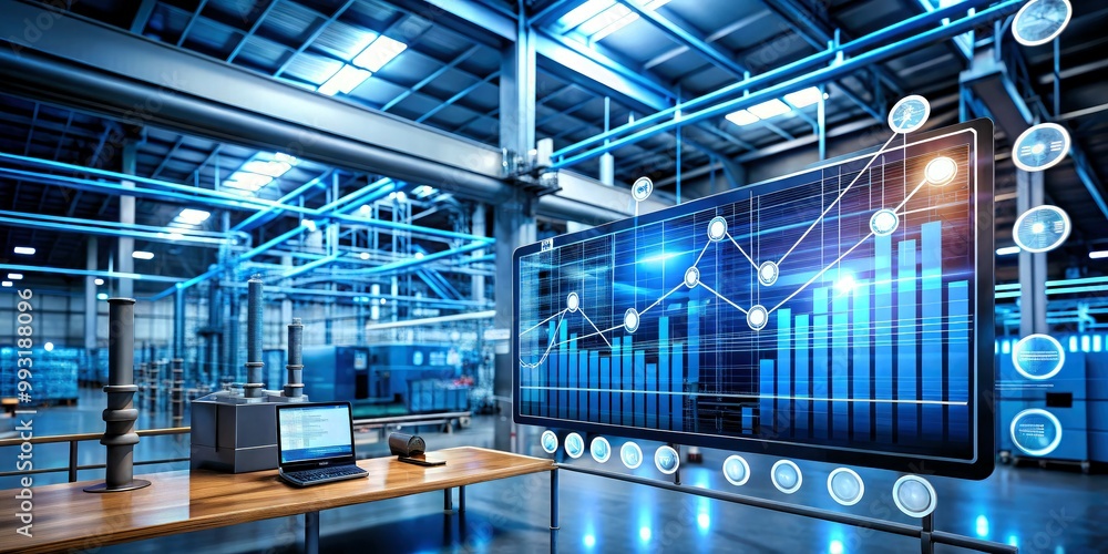 Business process automation concept, with sleek, futuristic interfaces displaying graphs for distribution analysis and consumption monitoring in a high-tech digital environment Business process automation concept, with sleek, futuristic interfaces displaying graphs for distribution analysis and consumption monitoring in a high-tech digital environment