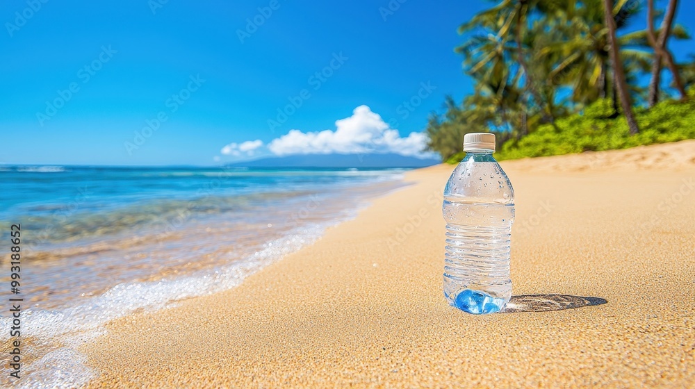 A refreshing water bottle stands on a sunny beach, surrounded by golden sand and clear blue ocean waves under a bright sky. A refreshing water bottle stands on a sunny beach, surrounded by golden sand and clear blue ocean waves under a bright sky.