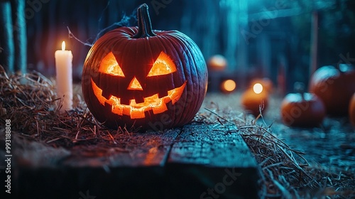   Jack-o'-lantern pumpkin perched atop haystack, lit candle nearby