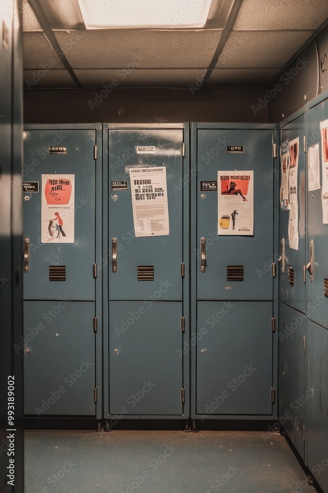 A corridor with blue lockers adorned with various posters. A corridor with blue lockers adorned with various posters.