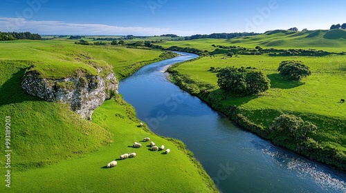 A scenic landscape featuring a winding river amidst lush green hills and grazing sheep under a clear blue sky.