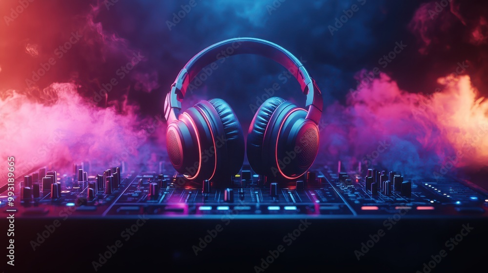 Colorful DJ headphones on DJ console in the background of a fuzzy smoky dark nightclub