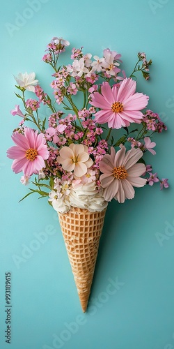  A cone of ice cream with pink and white flowers, set against a blue background