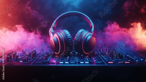 Obraz na płótnie Colorful DJ headphones on DJ console in the background of a fuzzy smoky dark nightclub w salonie
