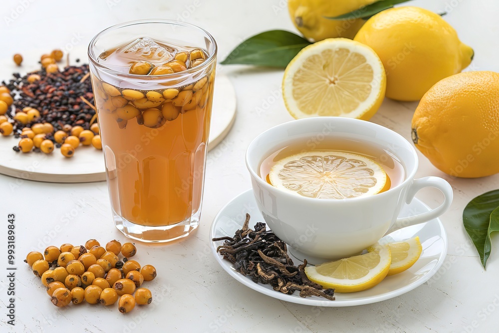 a sea buckthorn drink, a tea with lemon and honey, and the ingredients for making tea a sea buckthorn drink, a tea with lemon and honey, and the ingredients for making tea