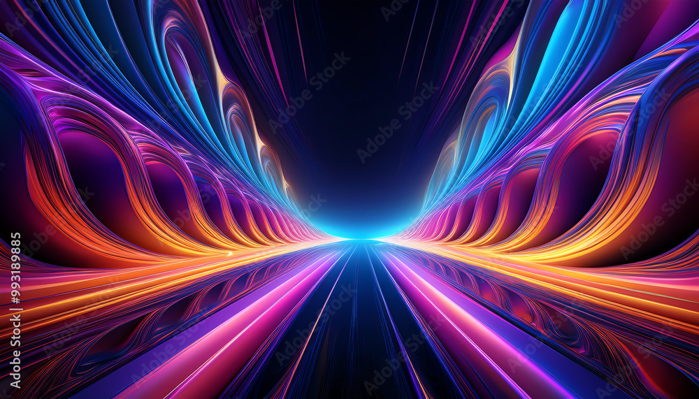Abstract luminous waves in vibrant colors extending towards a bright center. Abstract luminous waves in vibrant colors extending towards a bright center.