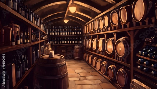 A digital illustration of a wine cellar filled with wooden wine barrels and bottles of wine