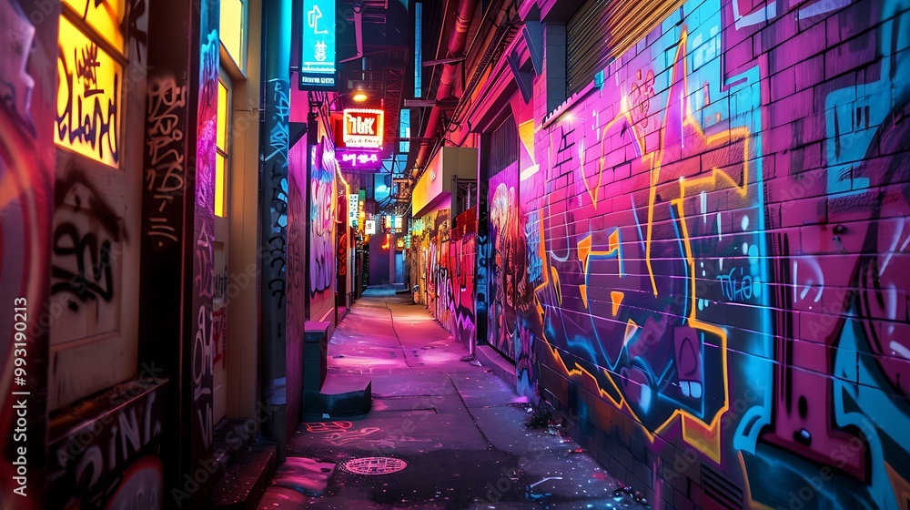 Fototapeta premium A narrow, urban alleyway with vibrant graffiti art and neon signs in a city at night.