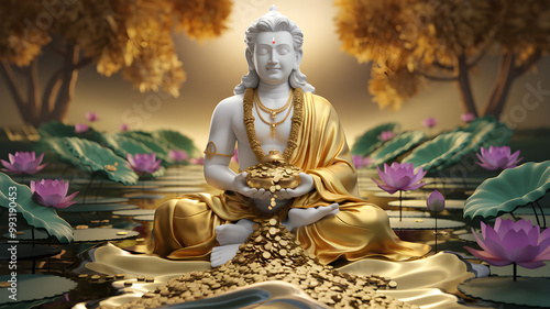 Lord Kuber in a Serene Garden with a River of Gold