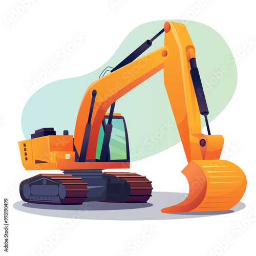Excavator in cartoon style. Machine for working with earth and sand. Equipment for construction and quarries. Vector illustration isolated on white background.