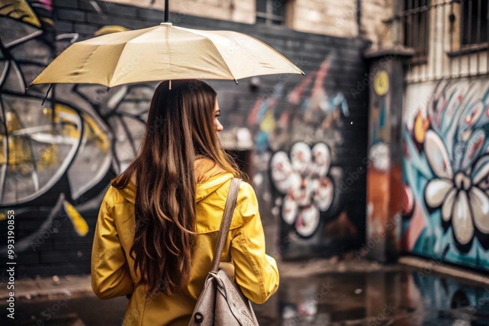 A young girl in a yellow raincoat with an umbrella in the city on the background of a graffiti wall. A young beautiful woman in the rain while walking through the streets of the city. A young girl in a yellow raincoat with an umbrella in the city on the background of a graffiti wall. A young beautiful woman in the rain while walking through the streets of the city.