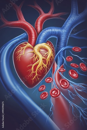 A detailed illustration of a heart and blood vessels, depicting circulation. photo