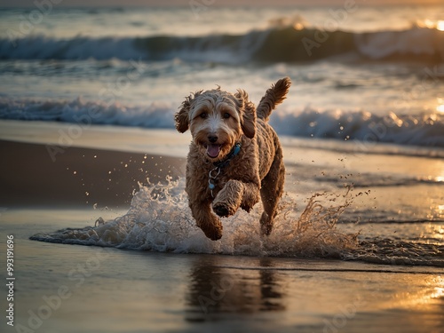 Golden Doodle biegającego na plaży wieczorem, zrobione kamerą filmową, przy użyciu portretu z oświetleniem kinowym photo