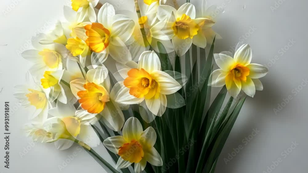 A bouquet of bright yellow and white daffodils sits on a white background A bouquet of bright yellow and white daffodils sits on a white background