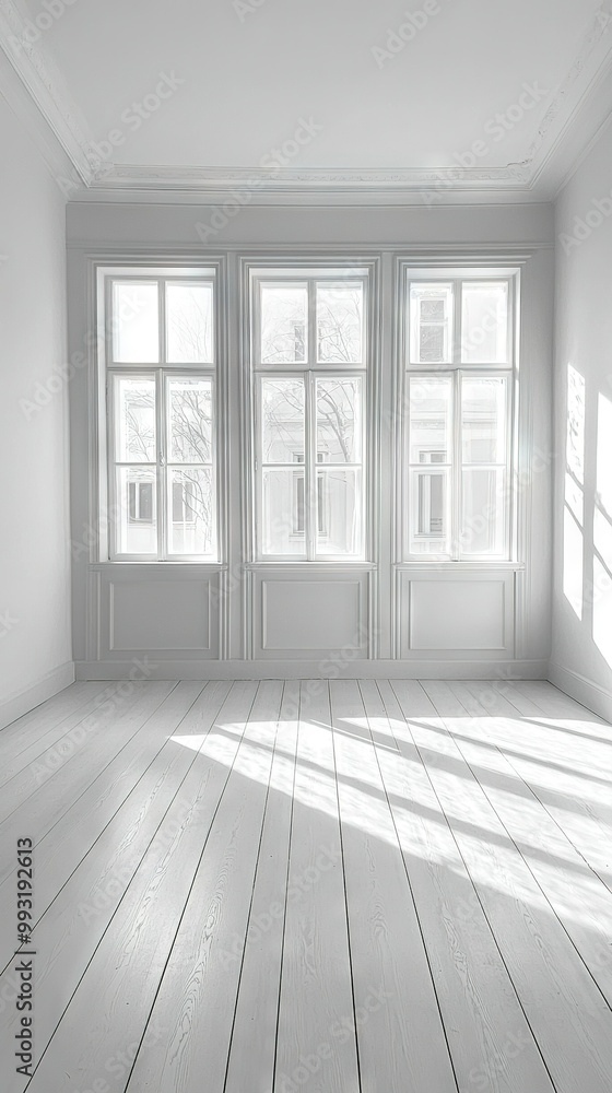Fototapeta premium An empty room with three windows and a wooden floor at its center is painted white The walls are also white