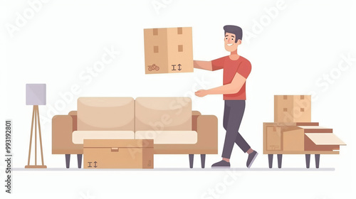 People relocation move home concept, Man carrying belongings box moving in new apartment.