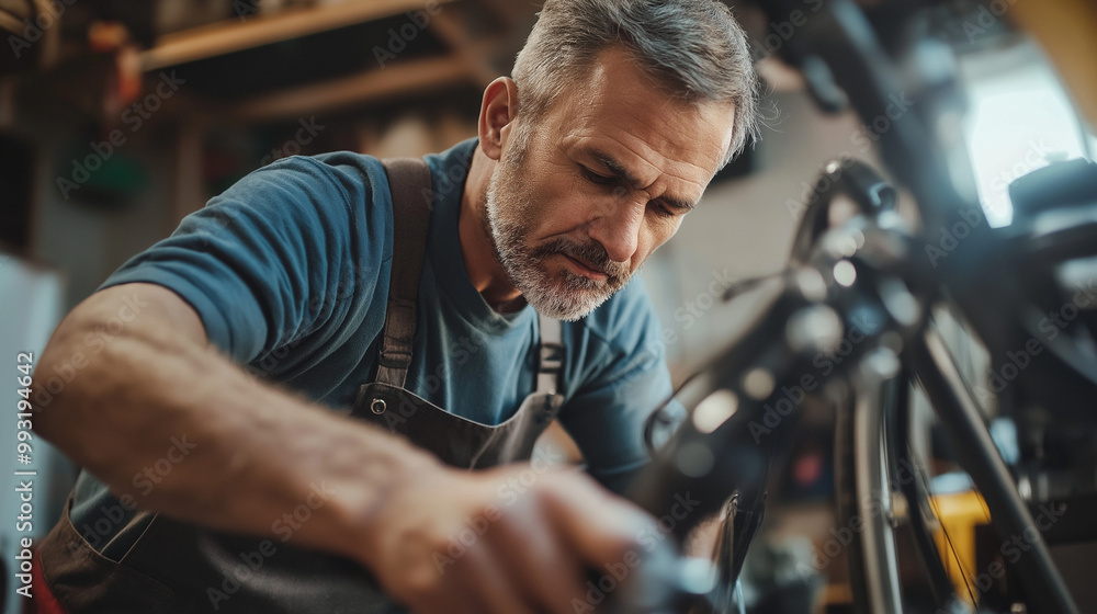 Man working on a motorcycle in his garage with focused concentration Man working on a motorcycle in his garage with focused concentration