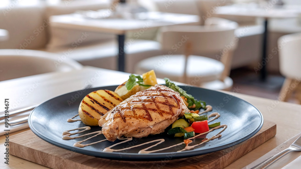 Appetizing grilled chicken fillet with vegetables and grilled potatoes, served on a plate in a cozy restaurant setting. Ideal for menu designs, healthy food themes, and culinary presentations. Appetizing grilled chicken fillet with vegetables and grilled potatoes, served on a plate in a cozy restaurant setting. Ideal for menu designs, healthy food themes, and culinary presentations.