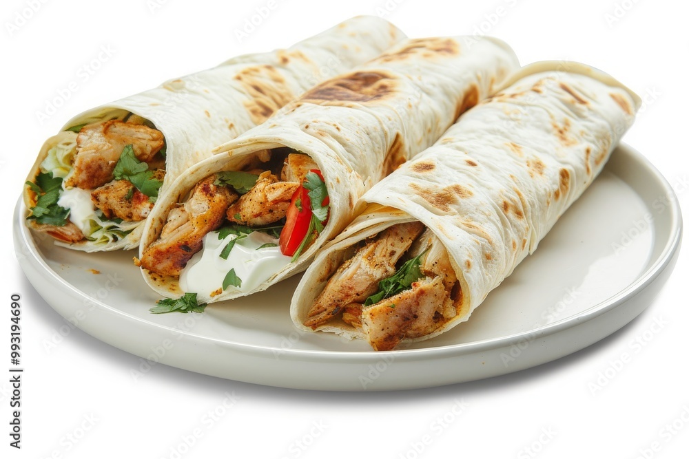 Fried Chicken tortilla wraps with white cream on a plate isolated on a white background, MZ Fried Chicken tortilla wraps with white cream on a plate isolated on a white background, MZ