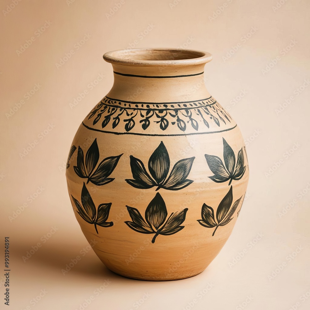 A rounded pottery jar with delicate lotus motifs, aged gracefully, hinting at ancient Indian craftsmanship A rounded pottery jar with delicate lotus motifs, aged gracefully, hinting at ancient Indian craftsmanship