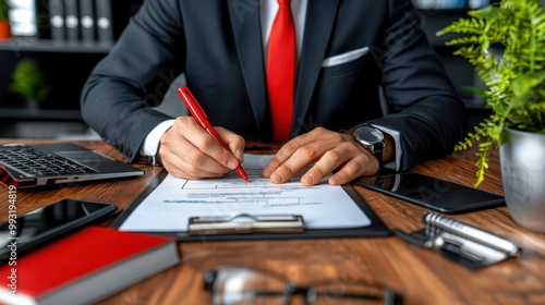 A businessman in a suit signing documents at an office desk, showcasing professionalism and attention to detail.