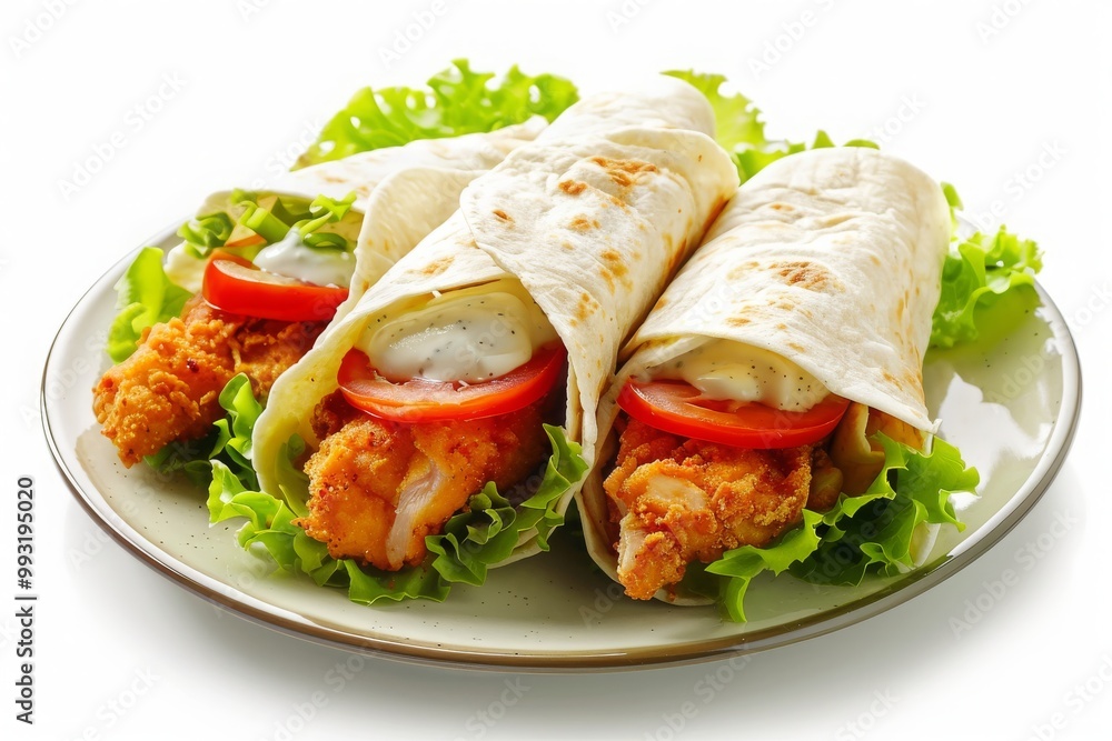Fried Chicken tortilla wraps with white cream on a plate isolated on a white background, MZ Fried Chicken tortilla wraps with white cream on a plate isolated on a white background, MZ
