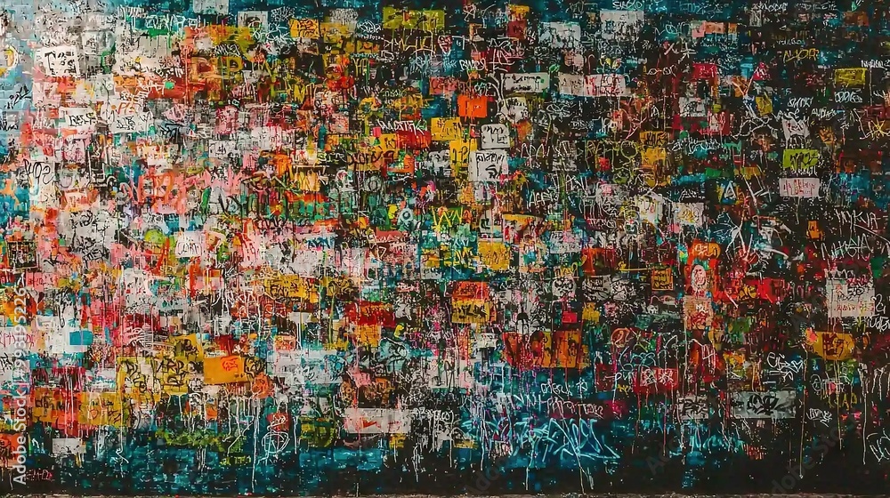 A wall adorned with numerous graffiti, located next to a bench A wall adorned with numerous graffiti, located next to a bench