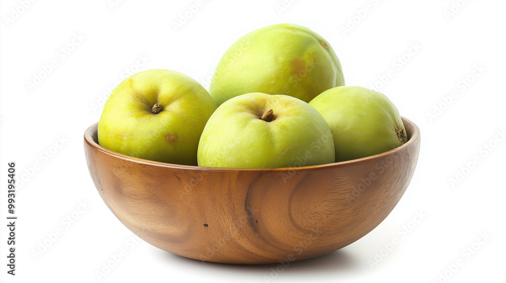  green apple gourd in wooden bowl isolated on white background