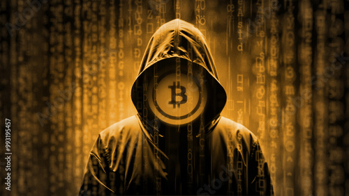 Mysterious hooded figure with bitcoin symbol, representing cybercrime and cryptocurrency security risk, digital hacker in dark web background, blockchain technology and anonymous transactions concept