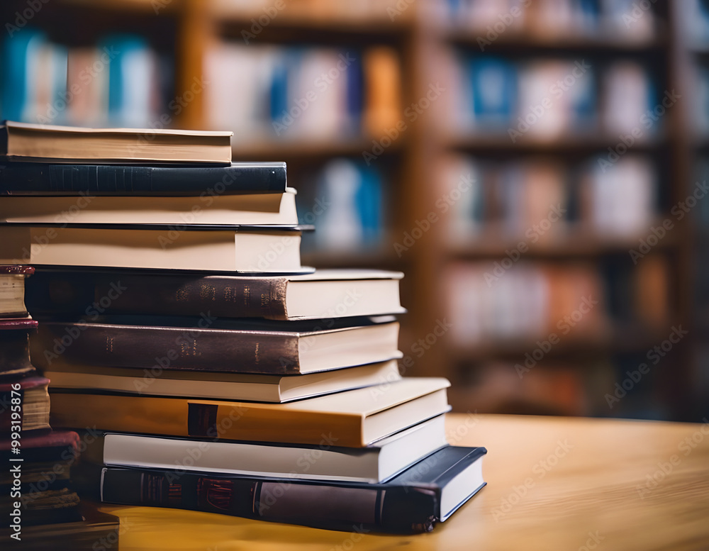 Stack of books on library background. Education, reading, science Stack of books on library background. Education, reading, science