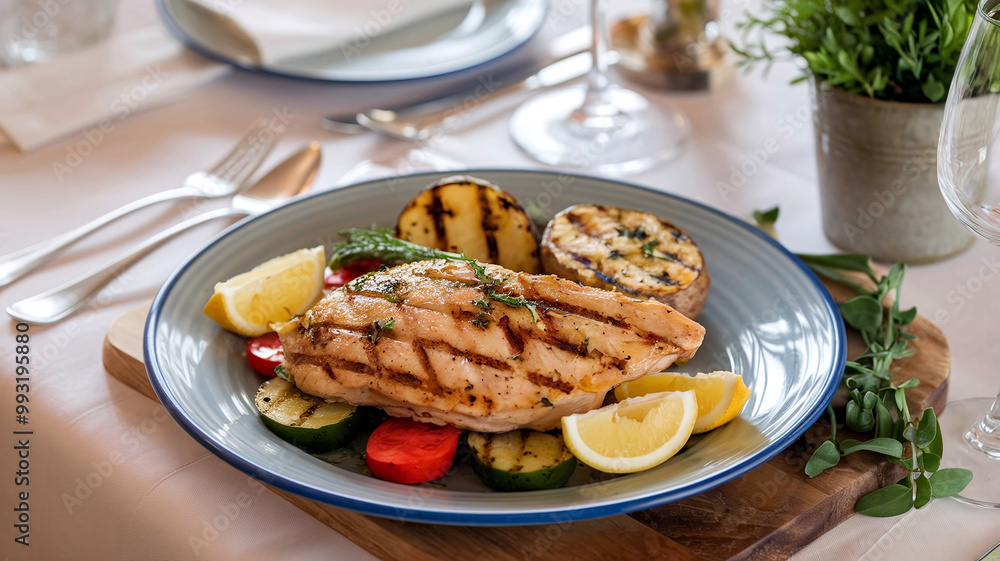Appetizing grilled chicken fillet with vegetables and grilled potatoes, served on a plate in a cozy restaurant setting. Ideal for menu designs, healthy food themes, and culinary presentations. 