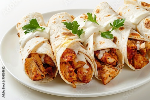 Fried Chicken tortilla wraps with white cream on a plate isolated on a white background, MZ