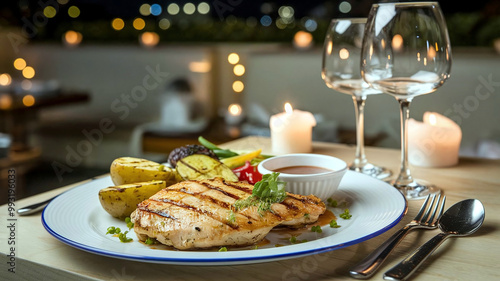 Appetizing grilled chicken fillet with vegetables and grilled potatoes, served on a plate in a cozy restaurant setting. Ideal for menu designs, healthy food themes, and culinary presentations. 