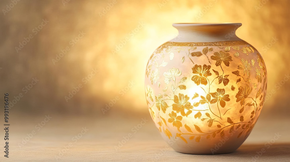 An ornate pottery jar with delicate gold leaf floral patterns, glowing softly in dim light, suggesting ancient royalty