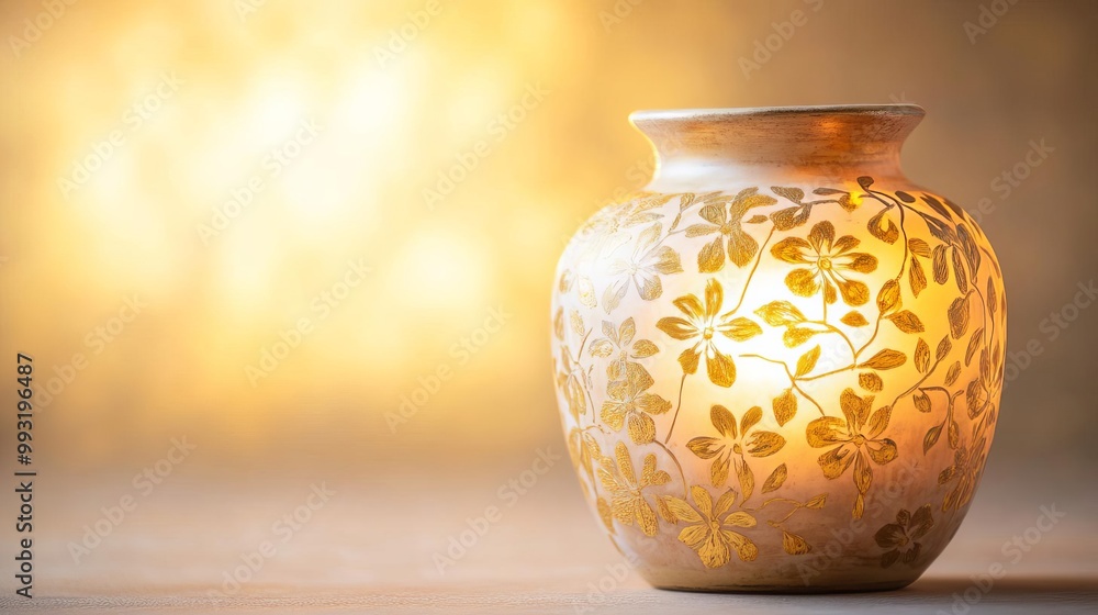 An ornate pottery jar with delicate gold leaf floral patterns, glowing softly in dim light, suggesting ancient royalty An ornate pottery jar with delicate gold leaf floral patterns, glowing softly in dim light, suggesting ancient royalty
