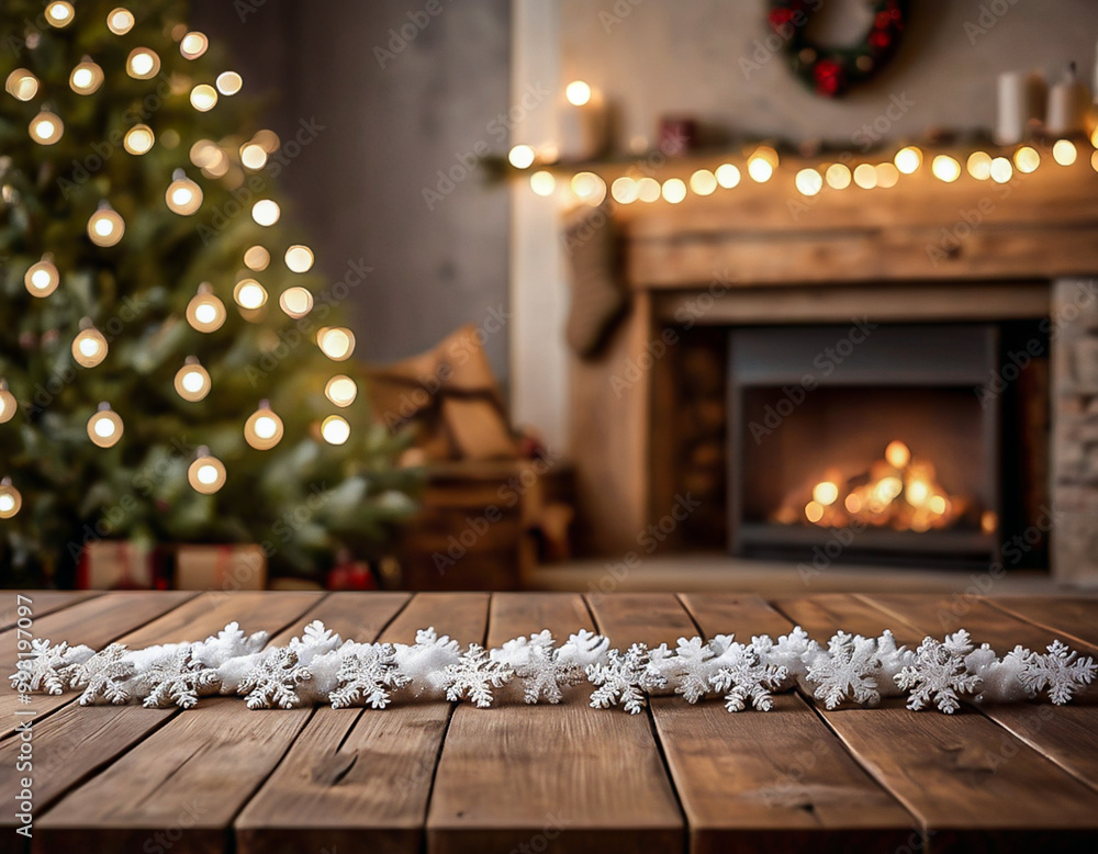 Empty table in front of christmas tree with decoration background. A wooden table in the foreground with two decorated Christmas trees and a sofa in living room background Empty table in front of christmas tree with decoration background. A wooden table in the foreground with two decorated Christmas trees and a sofa in living room background