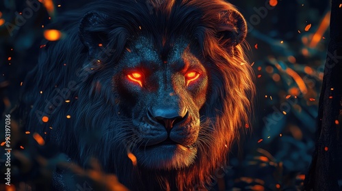 Metallic lion with glowing red eyes stands powerfully under the forest canopy, illuminated by neon lights