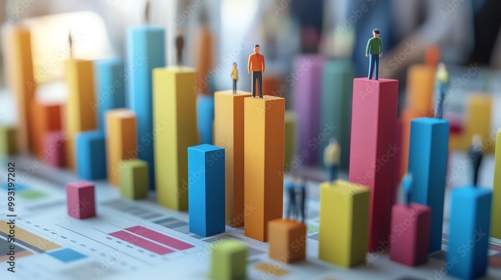Business growth strategy, diverse team with financial graphs, 3D illustration Business growth strategy, diverse team with financial graphs, 3D illustration