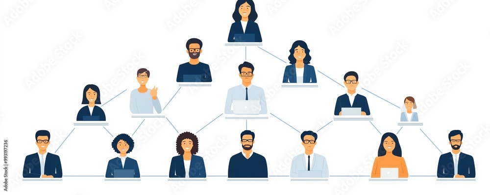 Business hierarchy with team icons, strategy framework, vector illustration, isolated on white background Business hierarchy with team icons, strategy framework, vector illustration, isolated on white background