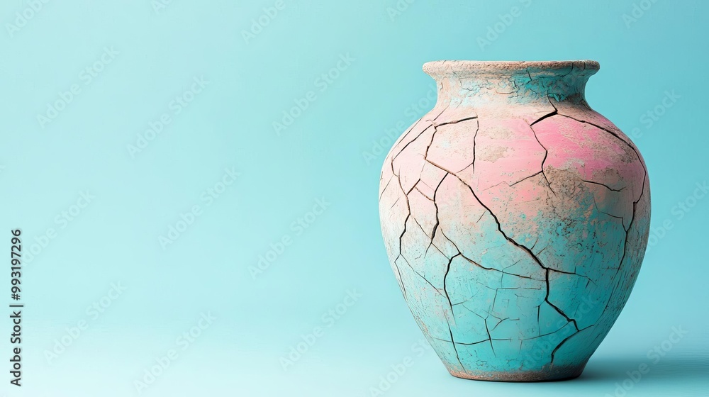 Cracked pottery jar with soft, muted colors, covered in a fine layer of dust, reminiscent of a forgotten desert city Cracked pottery jar with soft, muted colors, covered in a fine layer of dust, reminiscent of a forgotten desert city