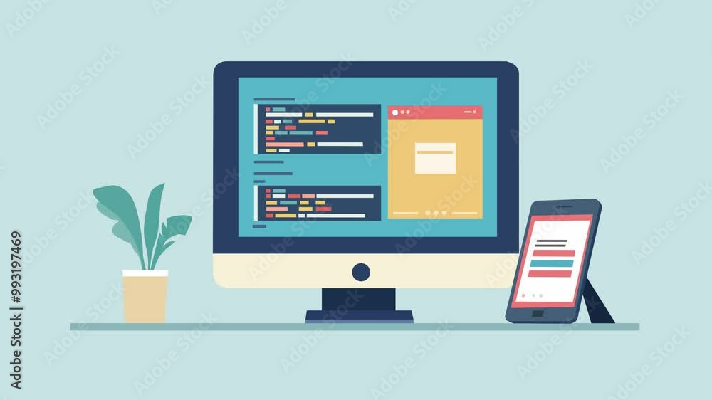 Flat style animation of web development, coding and app design with computer screen showing code and phone display showing mobile app interface on light blue background, 2D looping animation. Flat style animation of web development, coding and app design with computer screen showing code and phone display showing mobile app interface on light blue background, 2D looping animation.