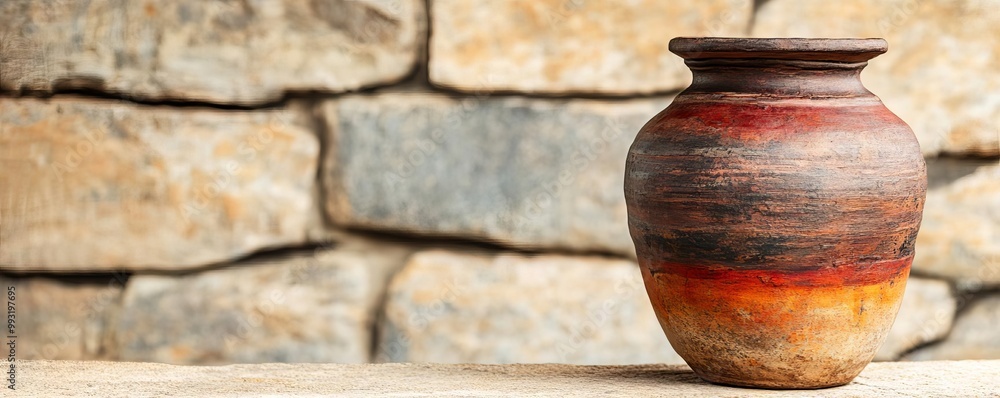 Etruscan-style pottery jar with dark red and ochre hues, aged patina, against a rustic stone wall backdrop Etruscan-style pottery jar with dark red and ochre hues, aged patina, against a rustic stone wall backdrop