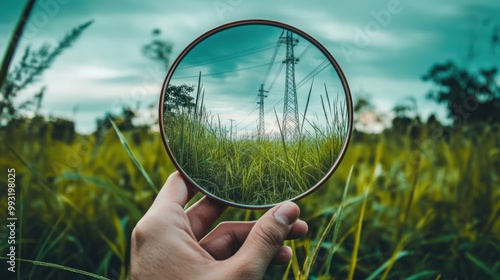 Hand Holding a Magnifying Glass Revealing Power Lines and Grass