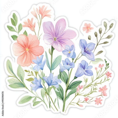 A cute sticker featuring a delicate bouquet mix of Bluebells and geraniums blooms, in watercolor style