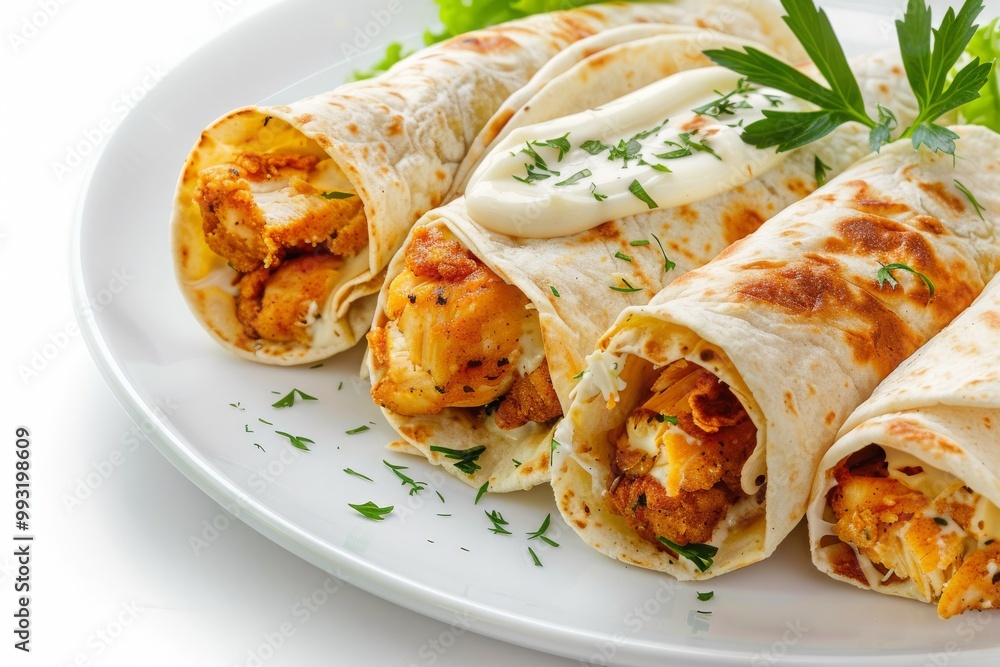 Fried Chicken tortilla wraps with white cream on a plate isolated on a white background, MZ Fried Chicken tortilla wraps with white cream on a plate isolated on a white background, MZ