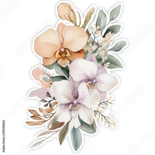 A cute sticker featuring a delicate bouquet mix of ivy and orchids blooms, in watercolor style