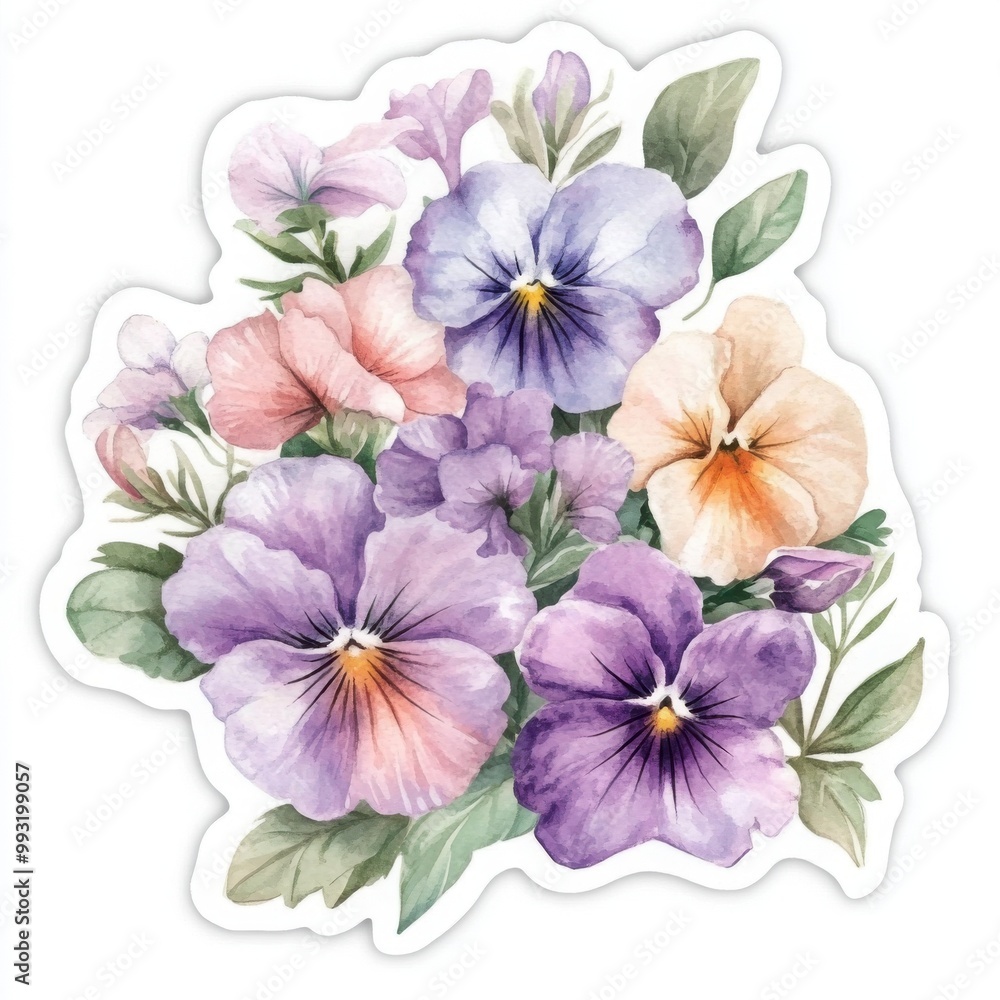 A sticker featuring a delicate bouquet mix of Pansies and petunias blooms, in watercolor style A sticker featuring a delicate bouquet mix of Pansies and petunias blooms, in watercolor style