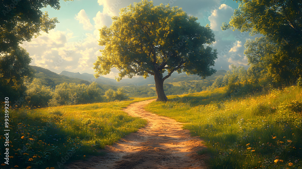 A Winding Dirt Road Leading to the Horizon, Flanked by Vast Green Fields and Rolling Hills, Capturing the Serene and Peaceful Essence of Nature, Ideal for Travel and Adventure Themes, Symbolizing Free A Winding Dirt Road Leading to the Horizon, Flanked by Vast Green Fields and Rolling Hills, Capturing the Serene and Peaceful Essence of Nature, Ideal for Travel and Adventure Themes, Symbolizing Free