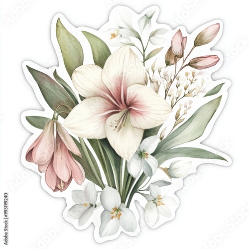 A cute sticker featuring a delicate bouquet mix of amaryllis and snowdrops blooms, in watercolor style 