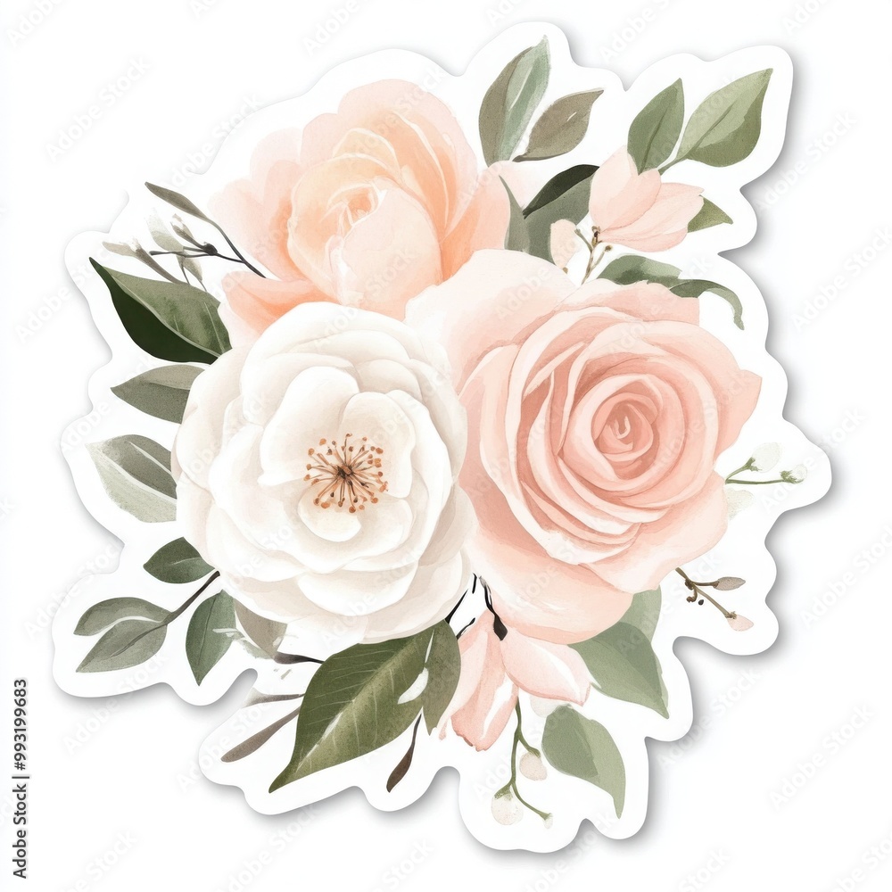 A cute sticker featuring a delicate bouquet mix of Roses and camellias blooms, in watercolor style A cute sticker featuring a delicate bouquet mix of Roses and camellias blooms, in watercolor style